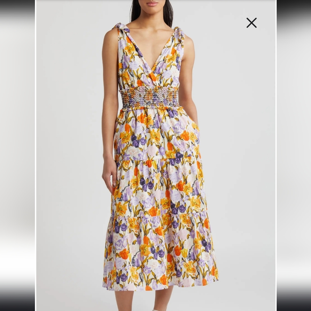 Adelyn Rae Floral Tie Shoulder V-neck Cotton W/ Pockets Midi Sundress Size M